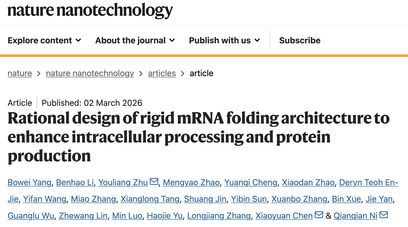 两院院士陈小元加入山东第一医科大学,发表Nature Nanotechnology论文,理性设计mRNA折叠结构以增强蛋白质生成